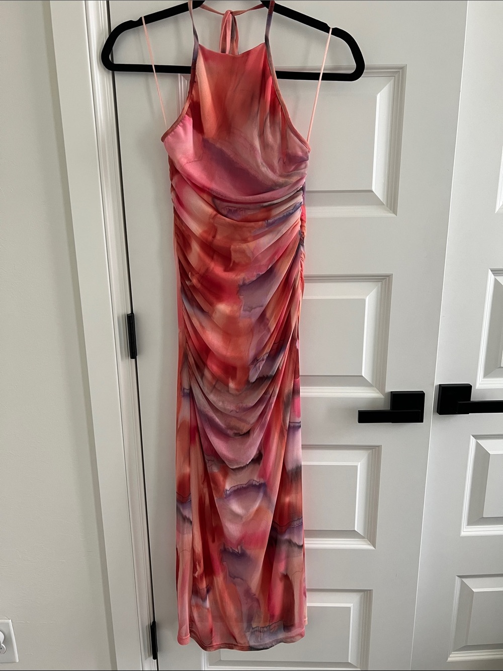 Zara Pink & Purple Marble-Print Ruched Halter Maxi Dress